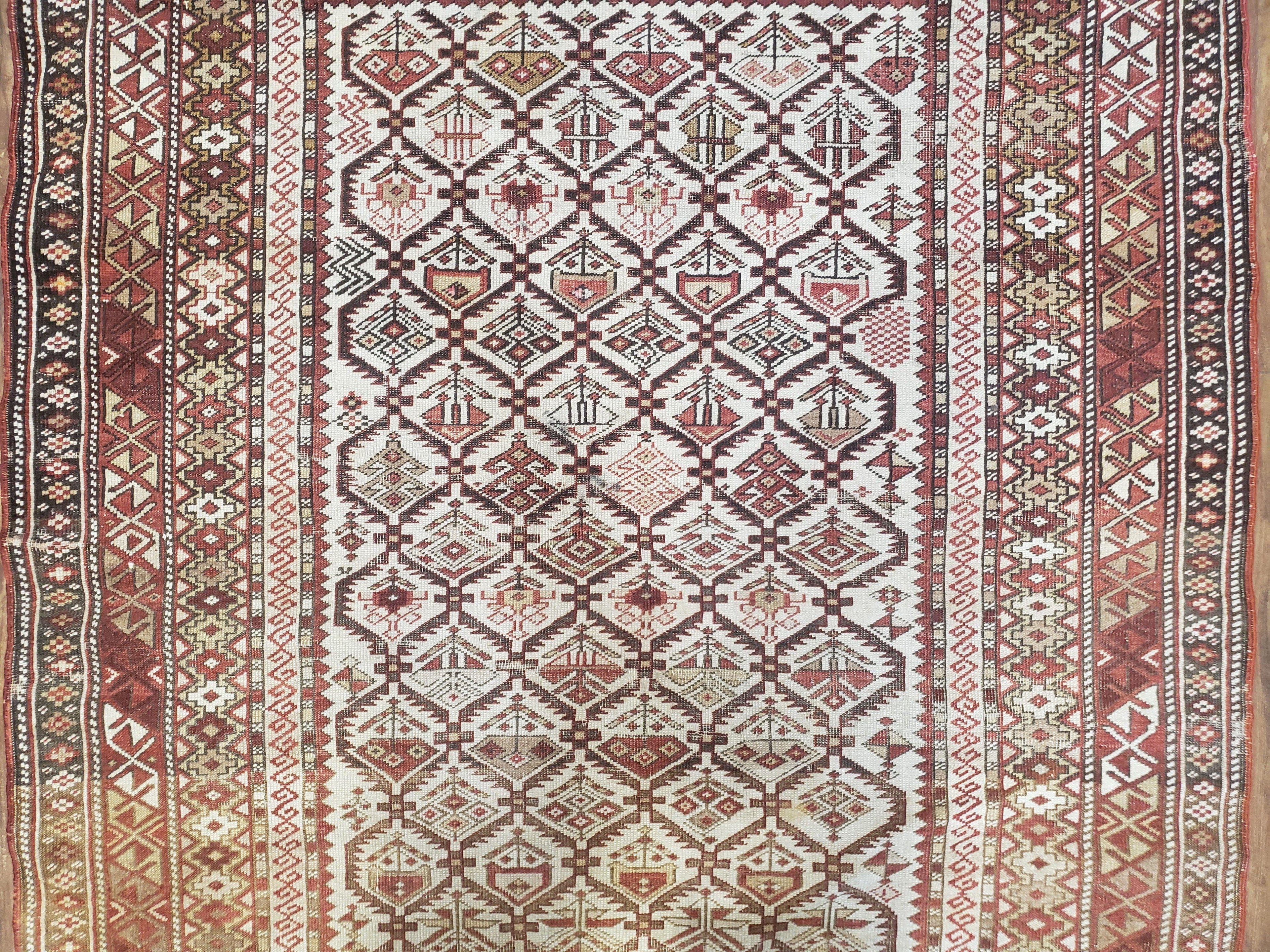 Antique Caucasian Shirvan Rug 4x6, Dagestan Area Rug, Wool Hand-Knotted Soft Red & Ivory 1920s Oriental Carpet, Soft Muted Colors