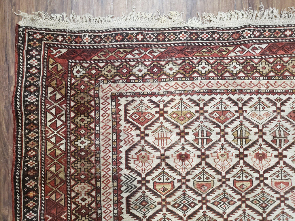 Antique Caucasian Shirvan Rug 4x6, Dagestan Area Rug, Wool Hand-Knotted Soft Red & Ivory 1920s Oriental Carpet, Soft Muted Colors