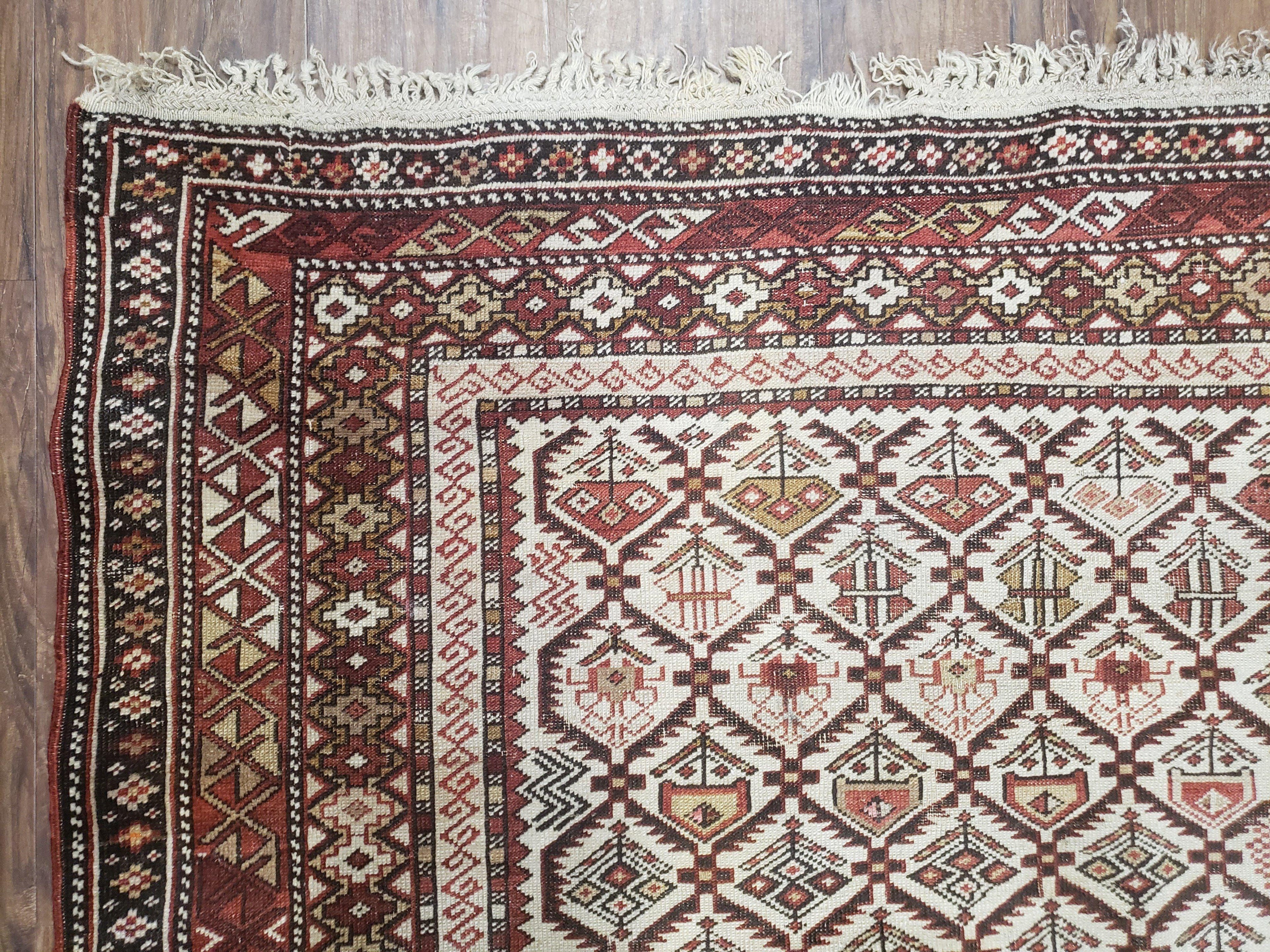 Antique Caucasian Shirvan Rug 4x6, Dagestan Area Rug, Wool Hand-Knotted Soft Red & Ivory 1920s Oriental Carpet, Soft Muted Colors