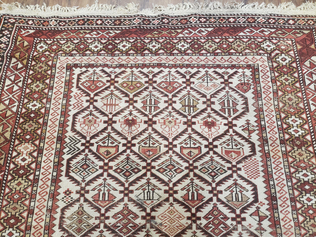 Antique Caucasian Shirvan Rug 4x6, Dagestan Area Rug, Wool Hand-Knotted Soft Red & Ivory 1920s Oriental Carpet, Soft Muted Colors