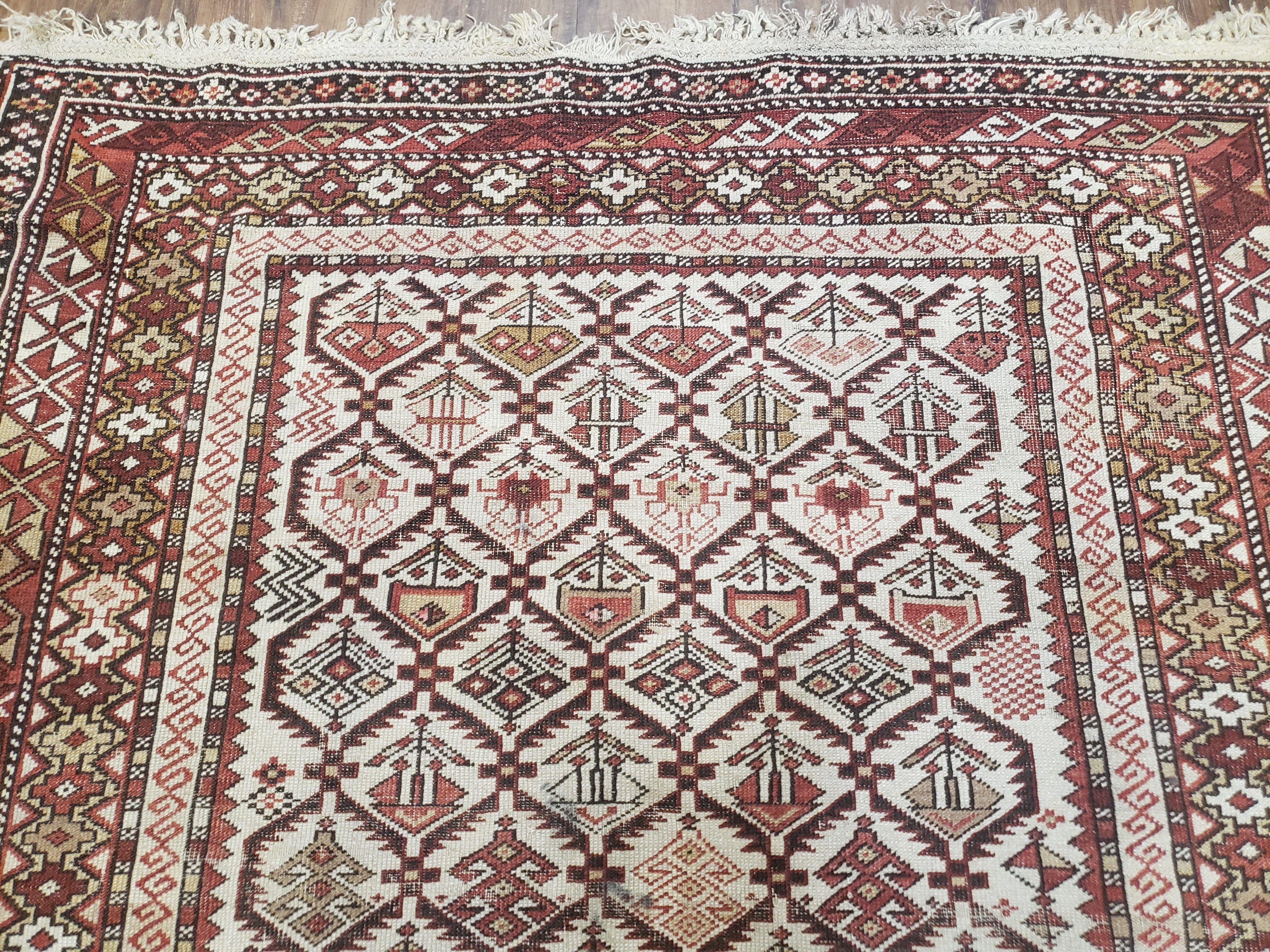 Antique Caucasian Shirvan Rug 4x6, Dagestan Area Rug, Wool Hand-Knotted Soft Red & Ivory 1920s Oriental Carpet, Soft Muted Colors