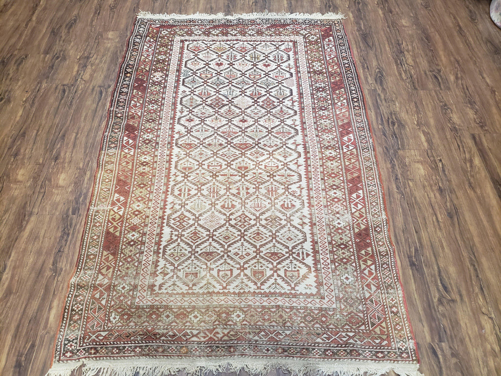 Antique Caucasian Shirvan Rug 4x6, Dagestan Area Rug, Wool Hand-Knotted Soft Red & Ivory 1920s Oriental Carpet, Soft Muted Colors