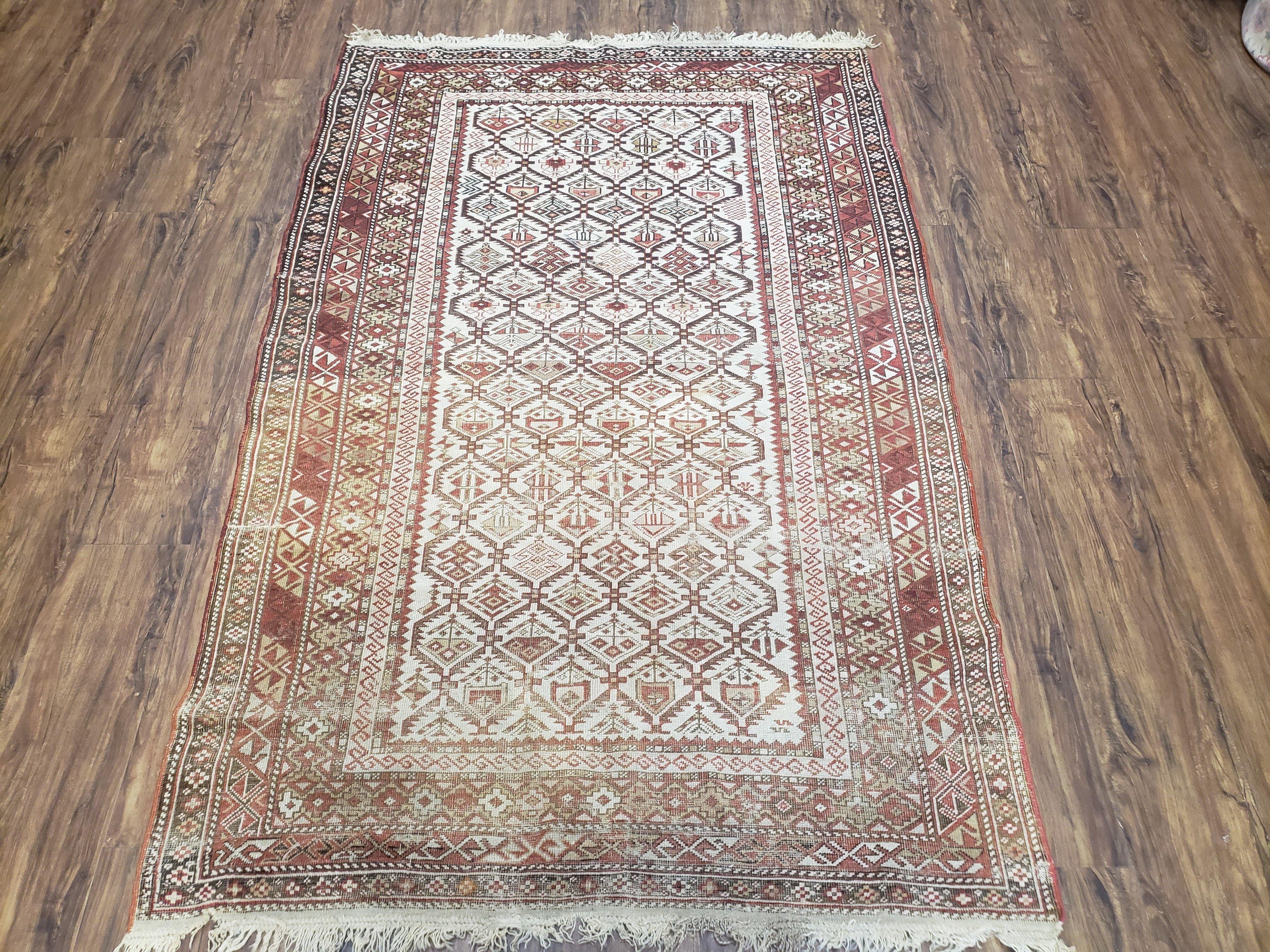 Antique Caucasian Shirvan Rug 4x6, Dagestan Area Rug, Wool Hand-Knotted Soft Red & Ivory 1920s Oriental Carpet, Soft Muted Colors